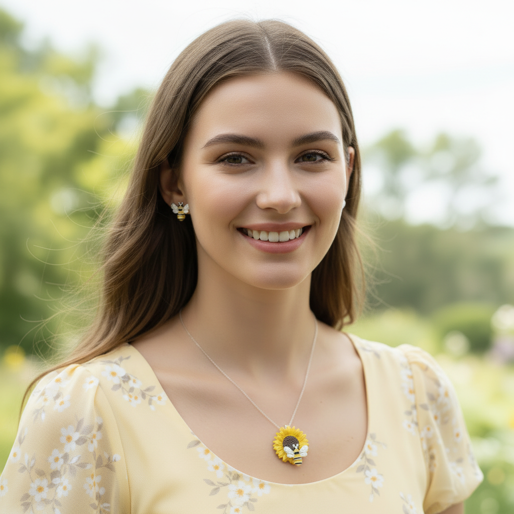Smiling woman with flowing hair wearing bee earrings and sunflower necklace