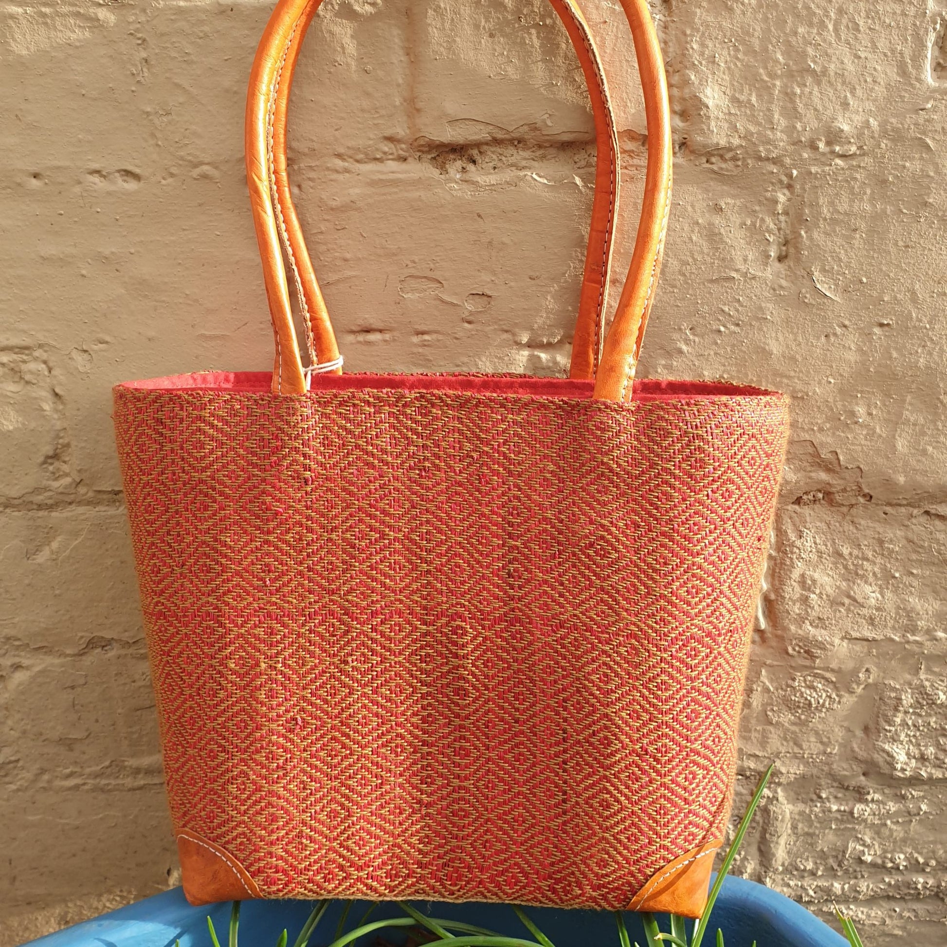 Red Raffia Basket with leather handles
