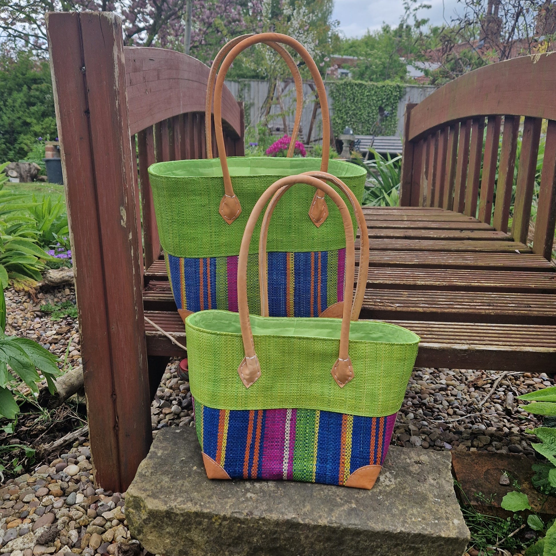 Lime green coloured raffia basket with rainbow stripes