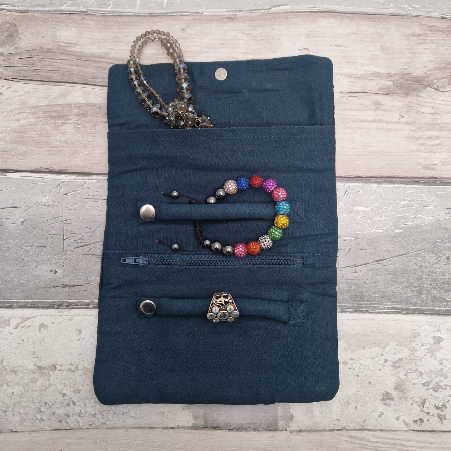 Inside view of a navy jewellery roll.