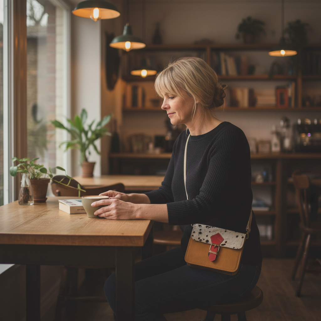 Tan Dalmatian bag candid