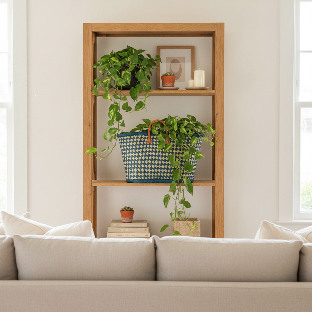 Teal basket on shelf as planter