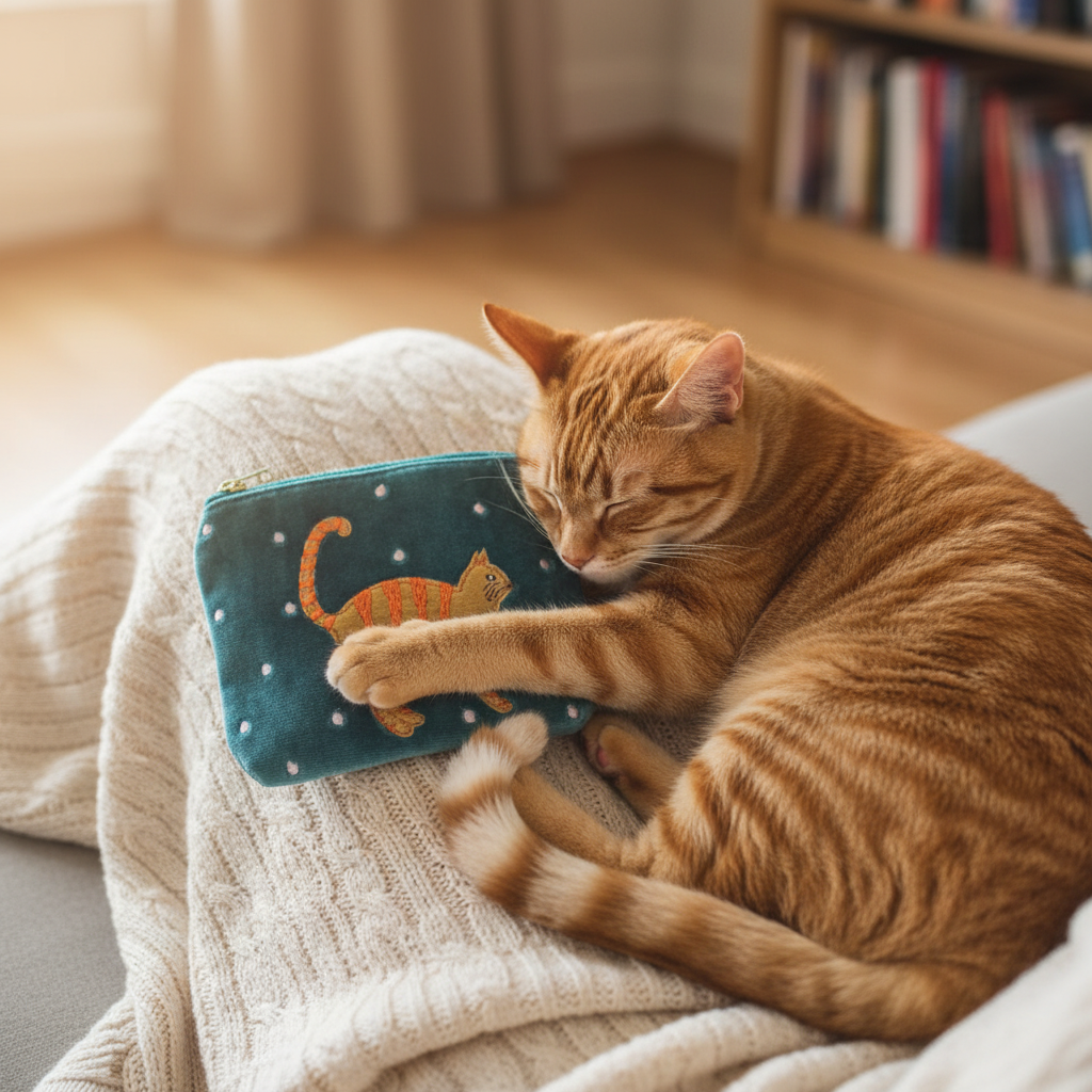 An orange tabby cat rests on a cream knit blanket, gently touching a small turquoise zip pouch with a white polka-dot pattern and an embroidered orange cat design.