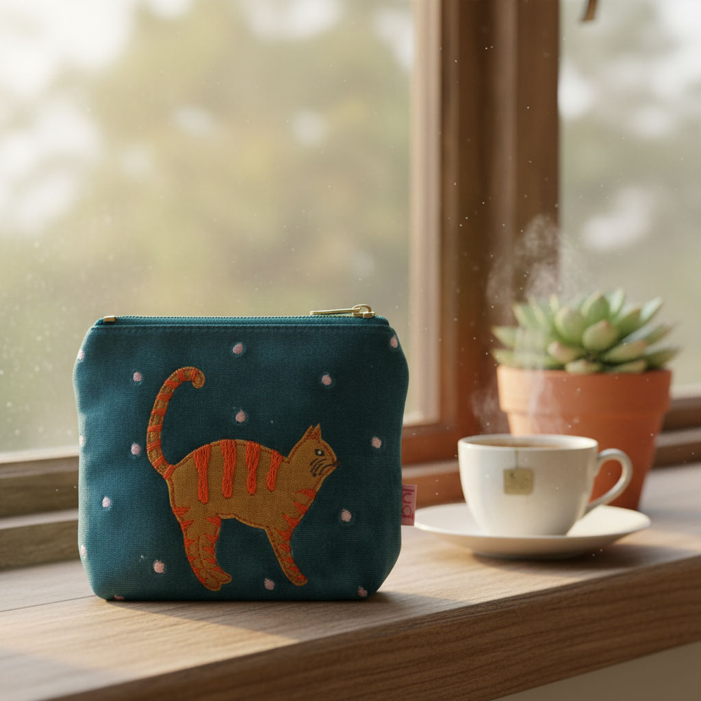 A turquoise blue velvet zip pouch with an orange tabby cat applique and small white dots, sitting on a wooden windowsill next to a white teacup and a potted succulent.