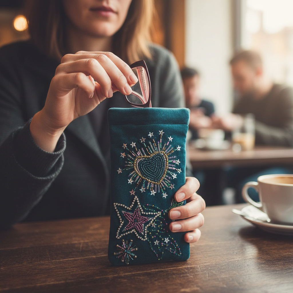 Teal glasses case in hand
