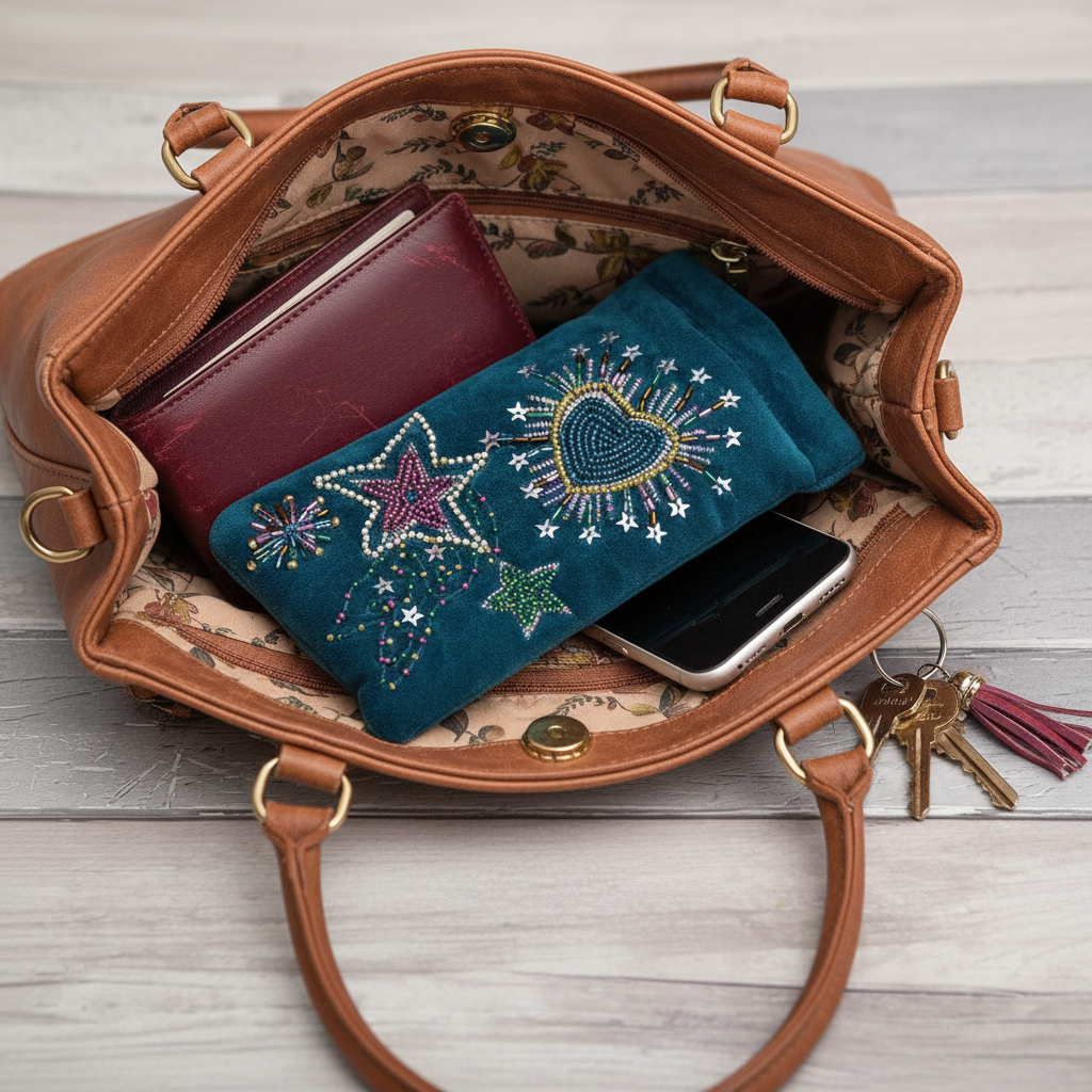Teal glasses case in handbag