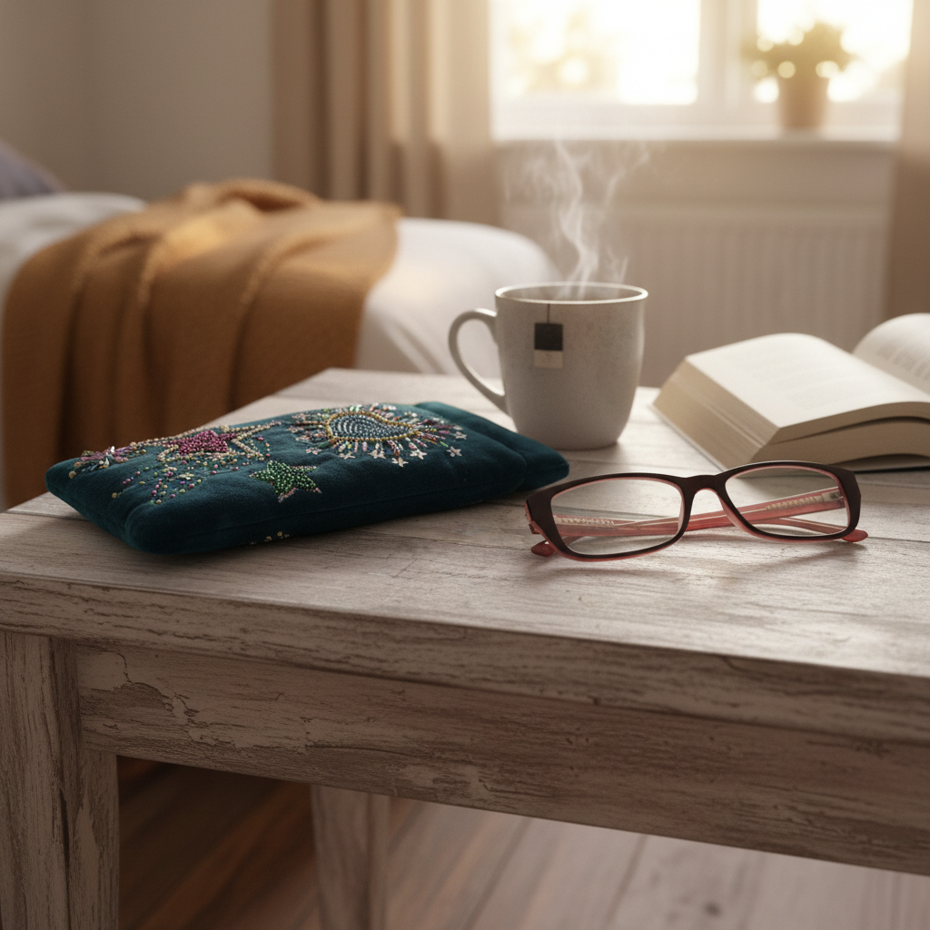 Teal glasses case on surface