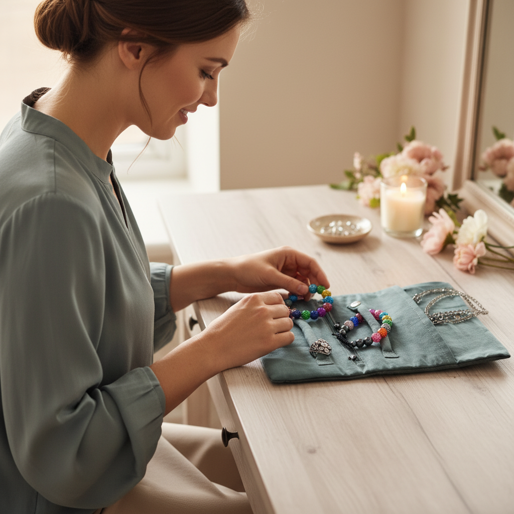 Teal Slate Blue Jewellery Roll - Dressing Table Scene