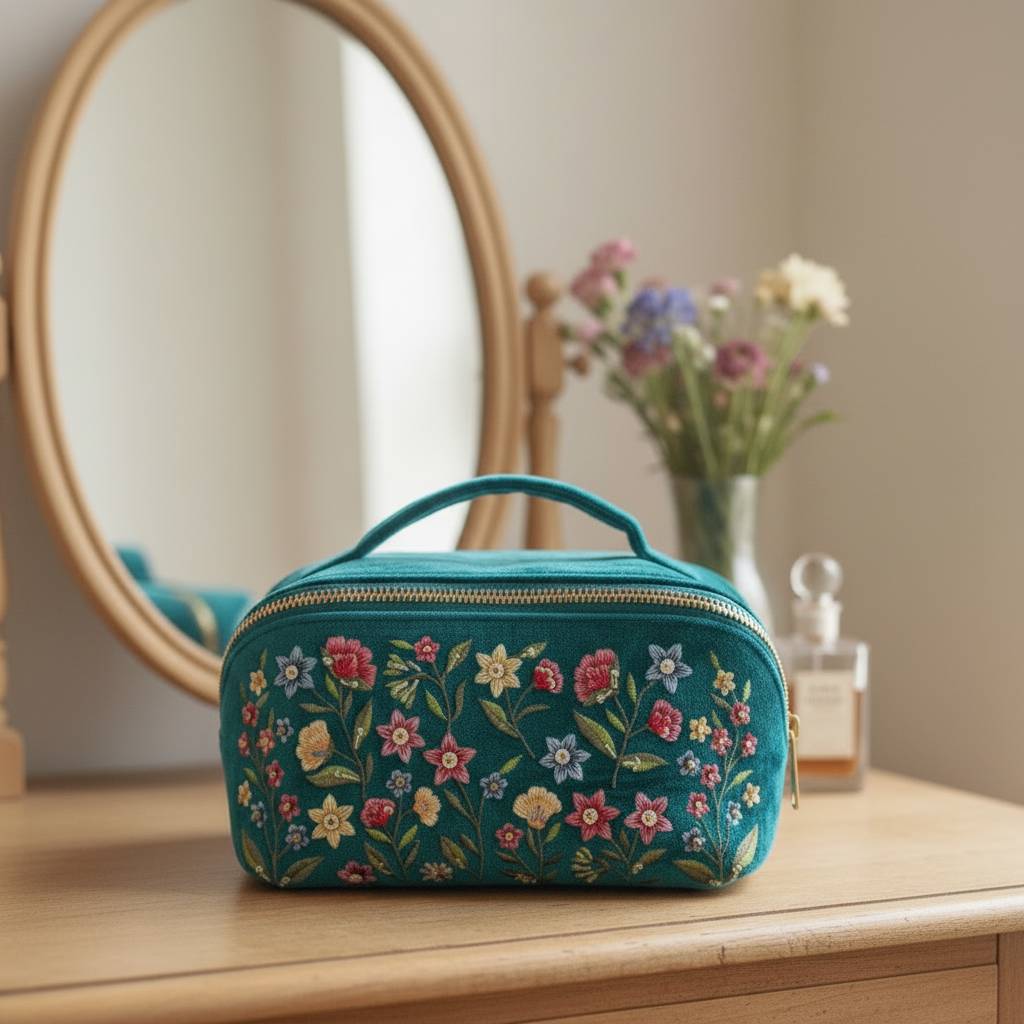 Turquoise velvet vanity case with top carry handle on a dressing table. Case is decorated with embroidered flowers of red, blue and yellow.