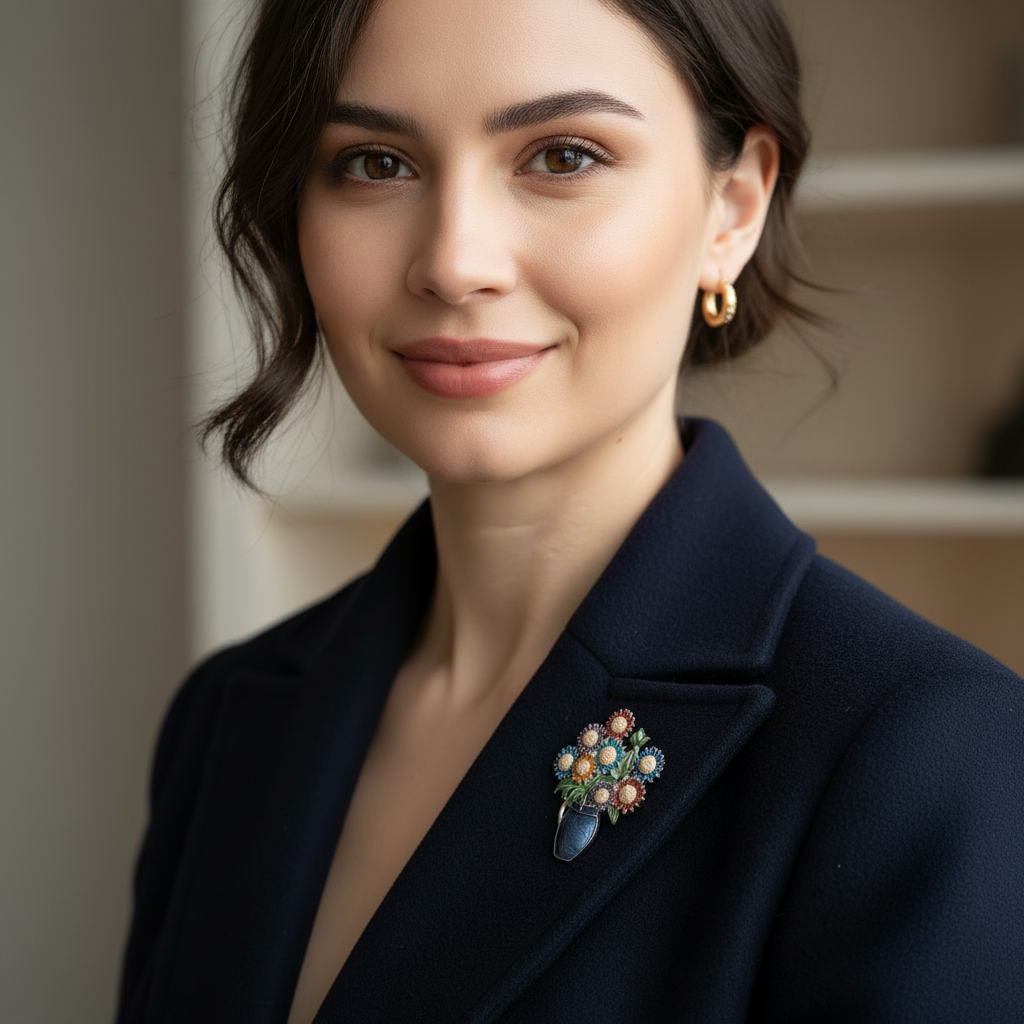 Vase of Flowers Brooch - Worn on Coat