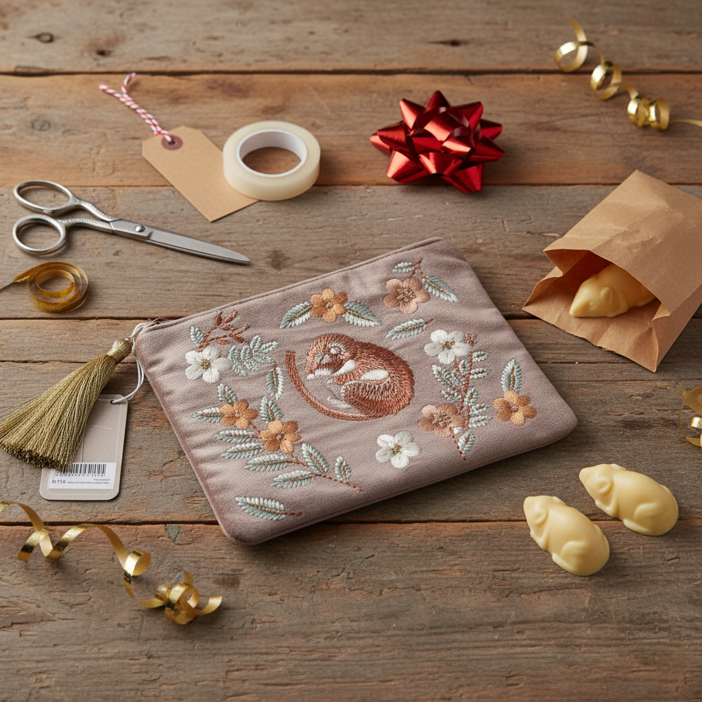 Embroidered pouch with sleeping mouse design on a wooden surface with decorative items.