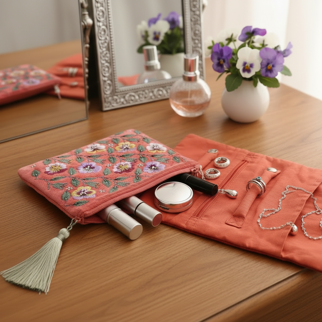 Velvet Pouch & Jewellery Roll - Silver Tassel, Full Roll Visible