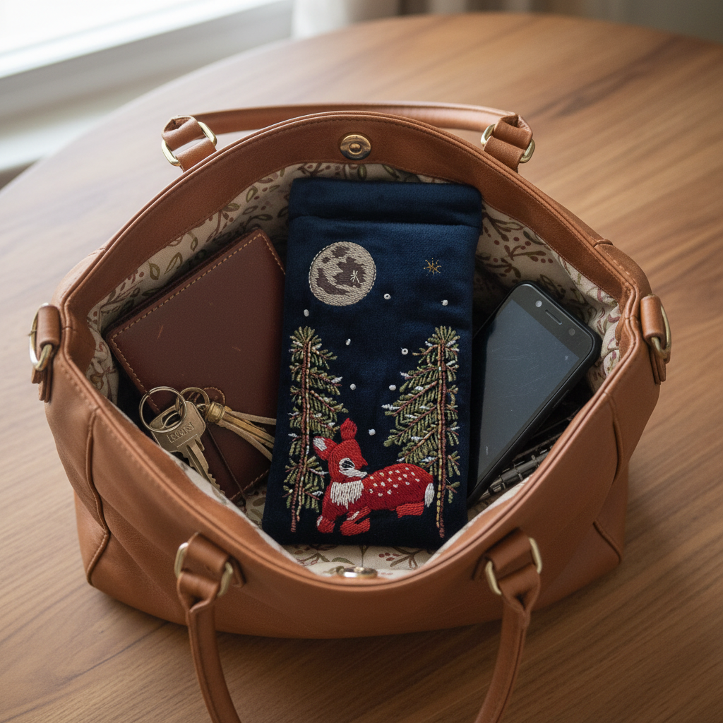 Winter fawn glasses case in handbag