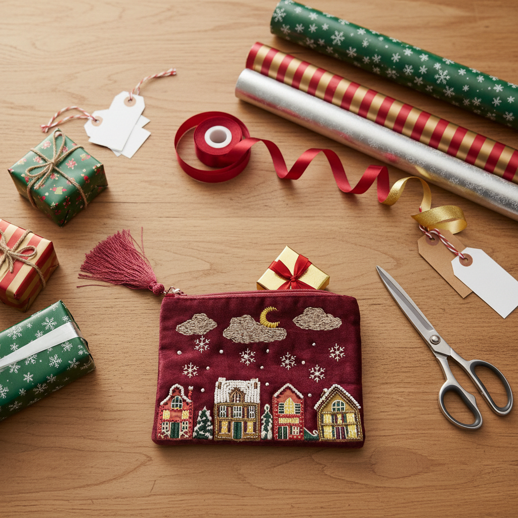 Winter village pouch gift wrapping close