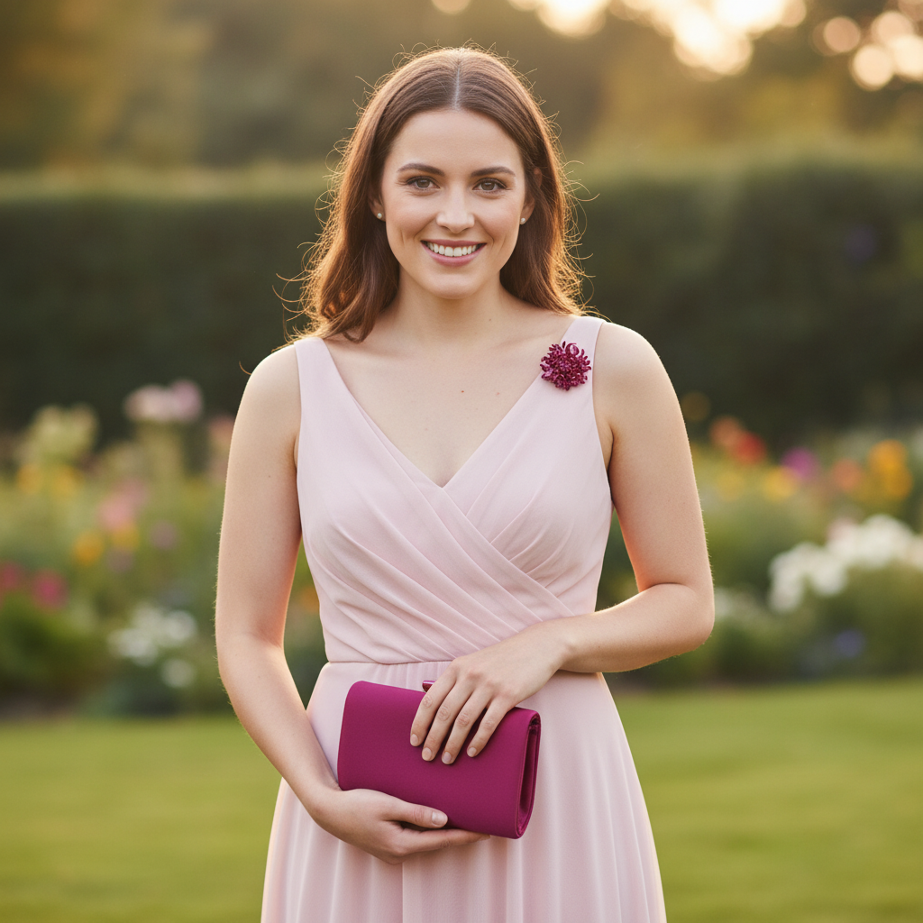 Woman in blush dress small magenta brooch and clutch fresh generation