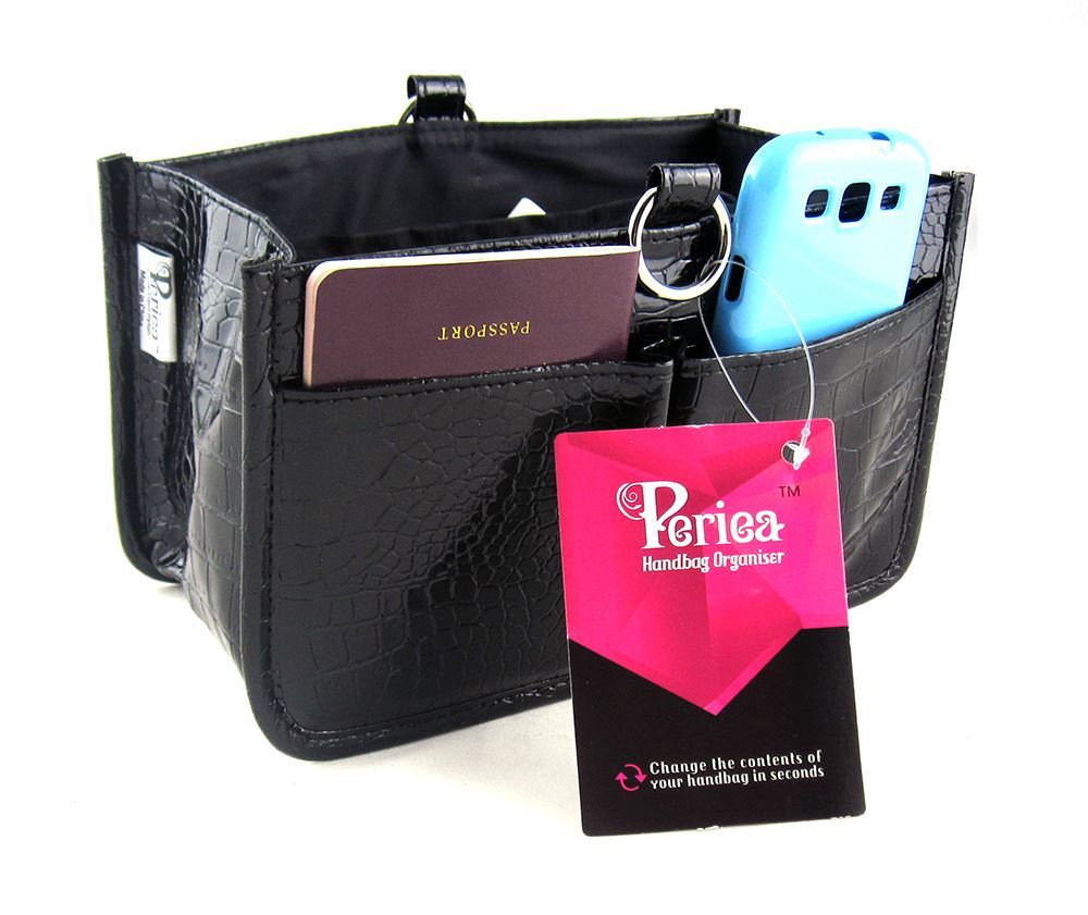 Stylish black leather look handbag organiser with external pockets and card slots