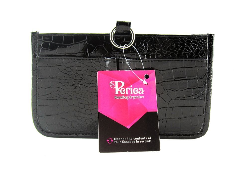 Stylish black leather look handbag organiser with external pockets and card slots