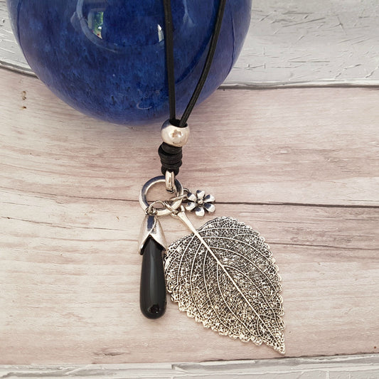 Long Pendant Necklace with Silver Leaf - End of Line