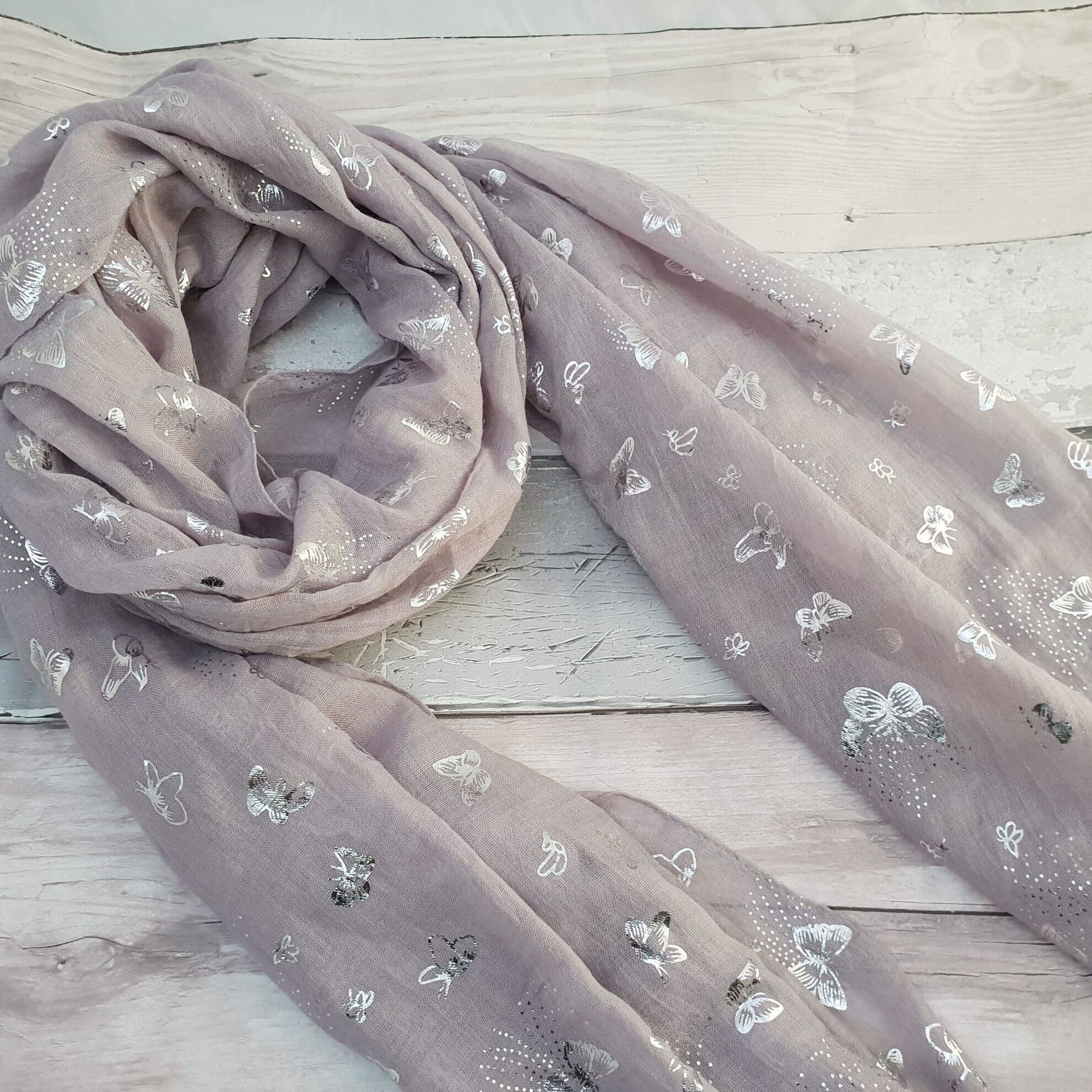 Photo of Lavender Grey Scarf decorated with silver butterflies