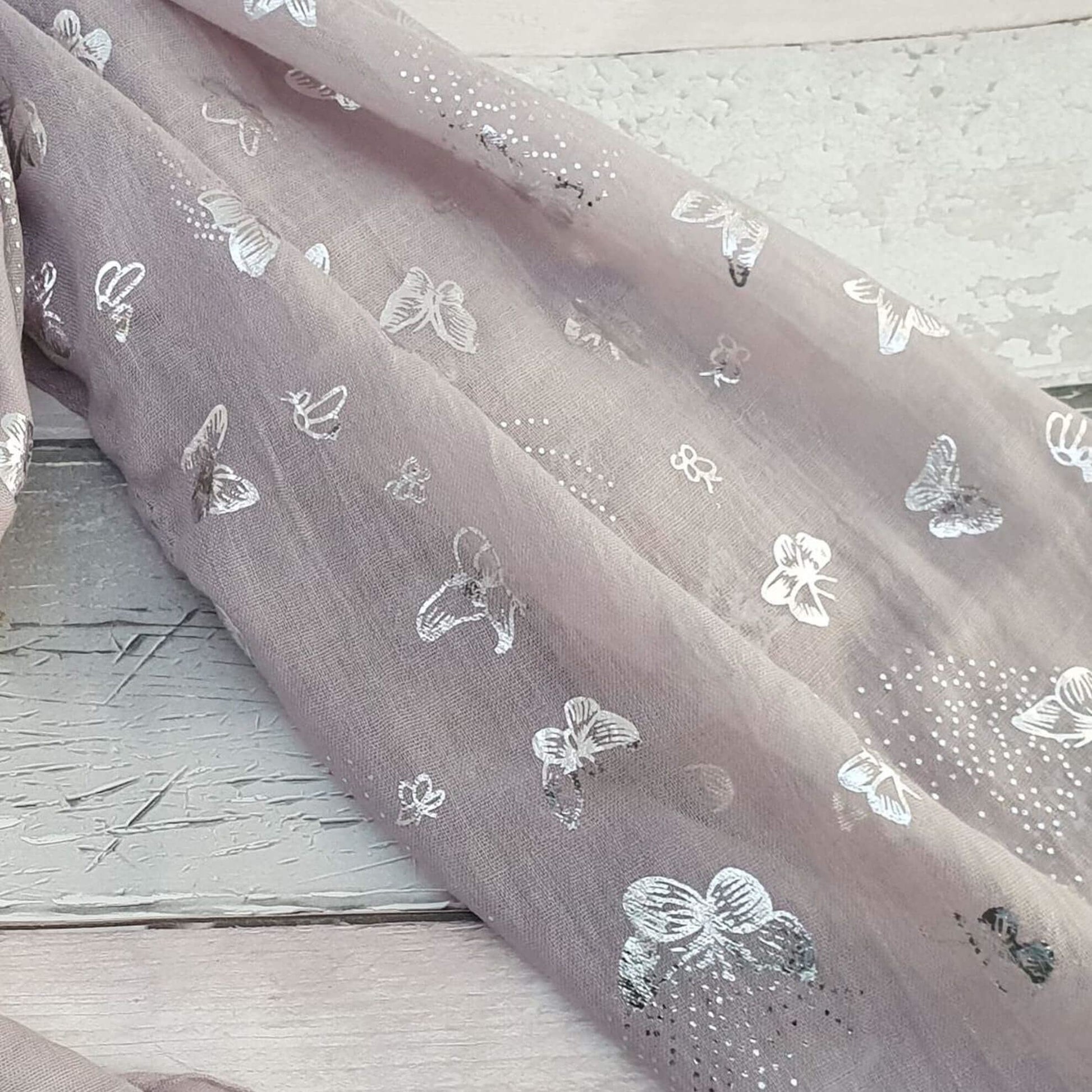 Photo of Lavender Grey Scarf decorated with silver butterflies