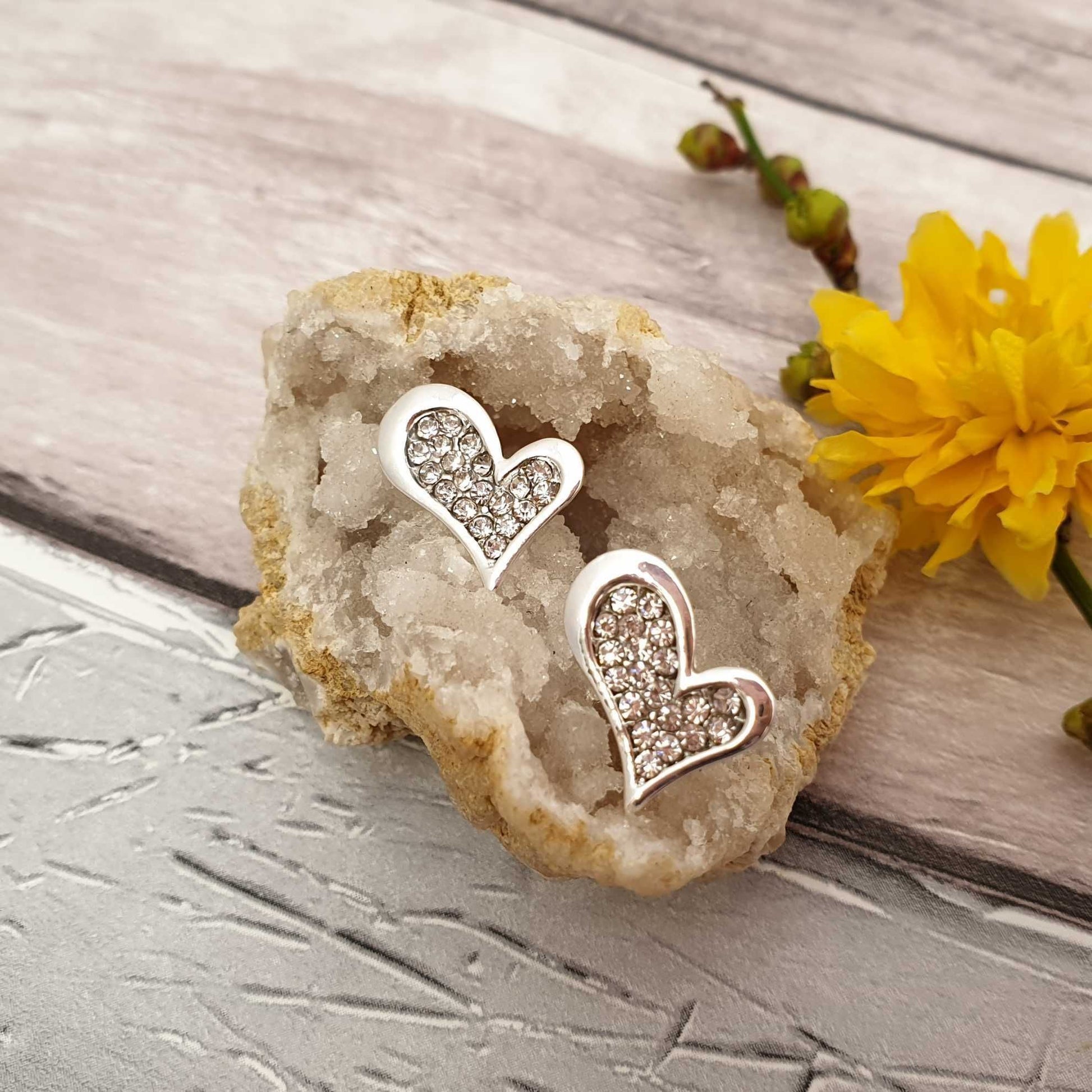 Photo of Silver love hearts earrings with diamante crystal centres