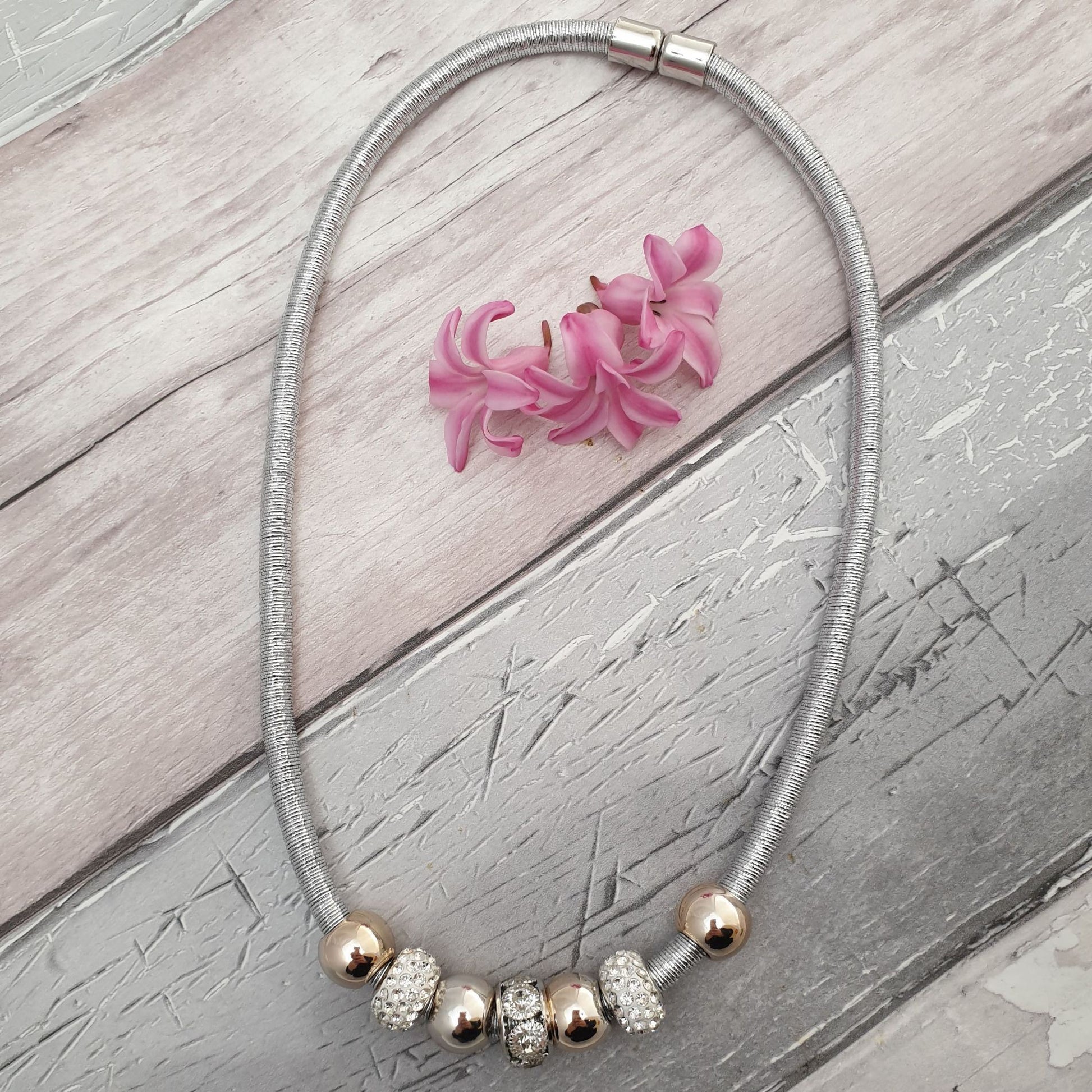 Photo of a Beaded Rose, Silver and Diamante Necklace