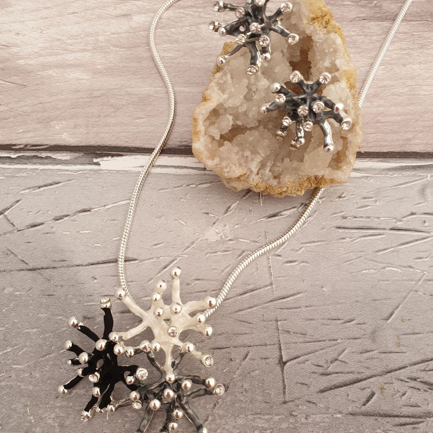 Photo of matching necklace and earring set depicting sea coral in black, white and grey