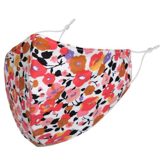 Photo of a Face mask covered in a pretty pink floral design with elastic straps and adjustable toggles