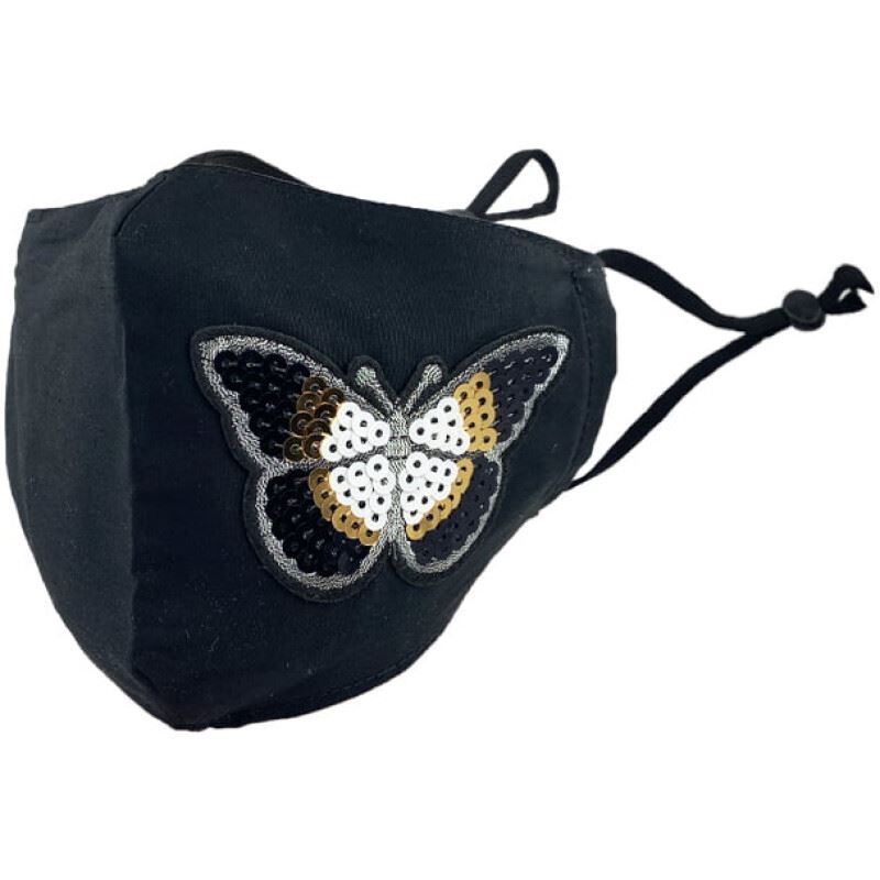Photo of a Black Face Mask decorated with a sparkling sequin butterfly of silver and gold