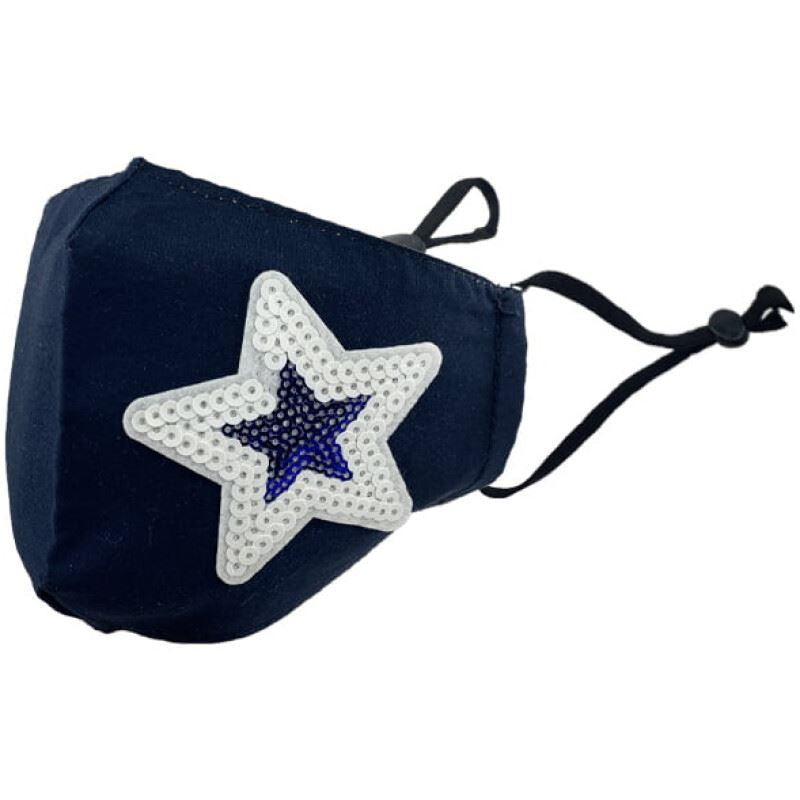 Photo of a Navy Face Mask decorated with a star of white and blue sequins