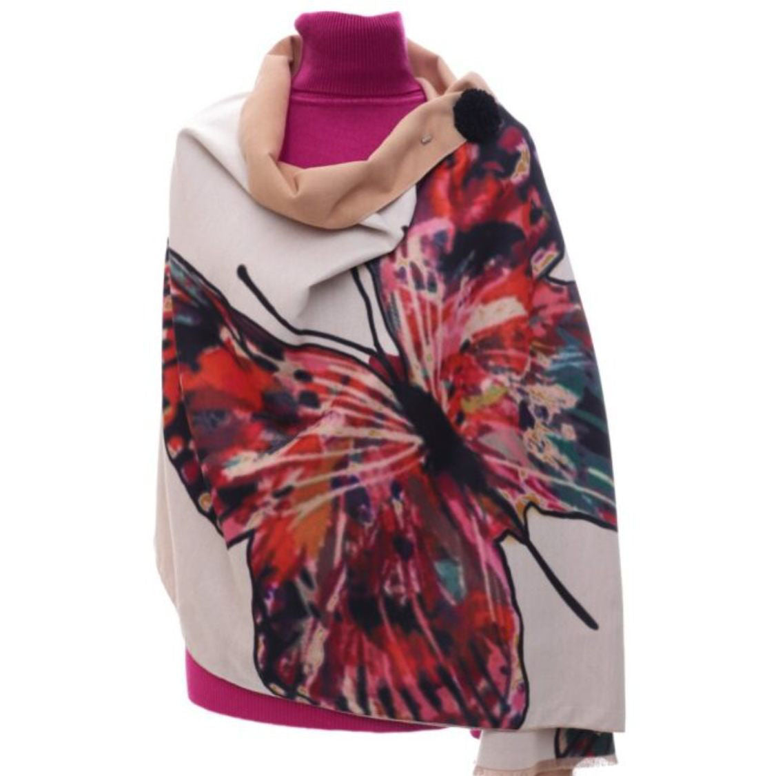 Photo of a Cream Coloured pashmina decorated with a rainbow coloured large butterfly