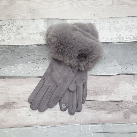 Photo of a pair of silver grey gloves with a faux fur trim