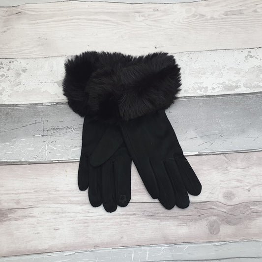 Photo of a pair of black ladies gloves with faux fur trimmed cuffs