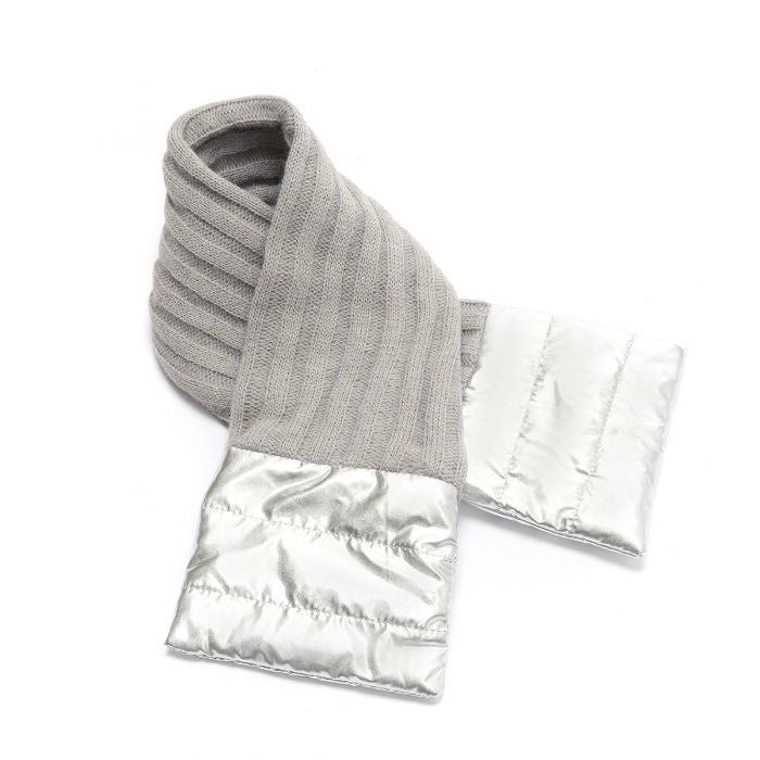 Photo of a metallic silver hat and scarf set. Puffa and traditional knit combined style