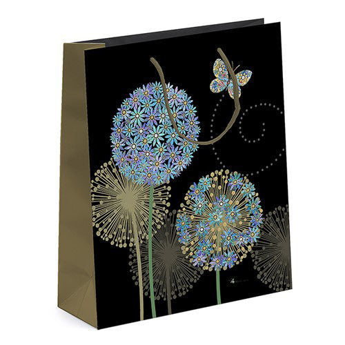 Photo of a black gift bag decorated with dandelion clocks and a butterfly