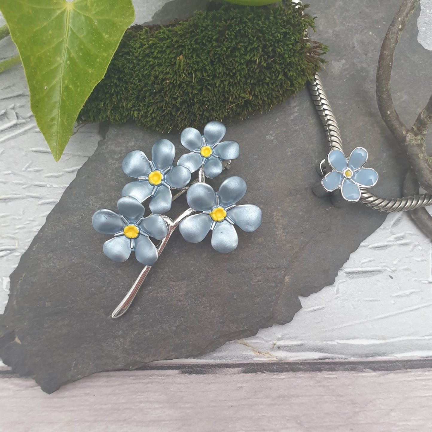 Forget-me-not brooch and matching charm for a bracelet