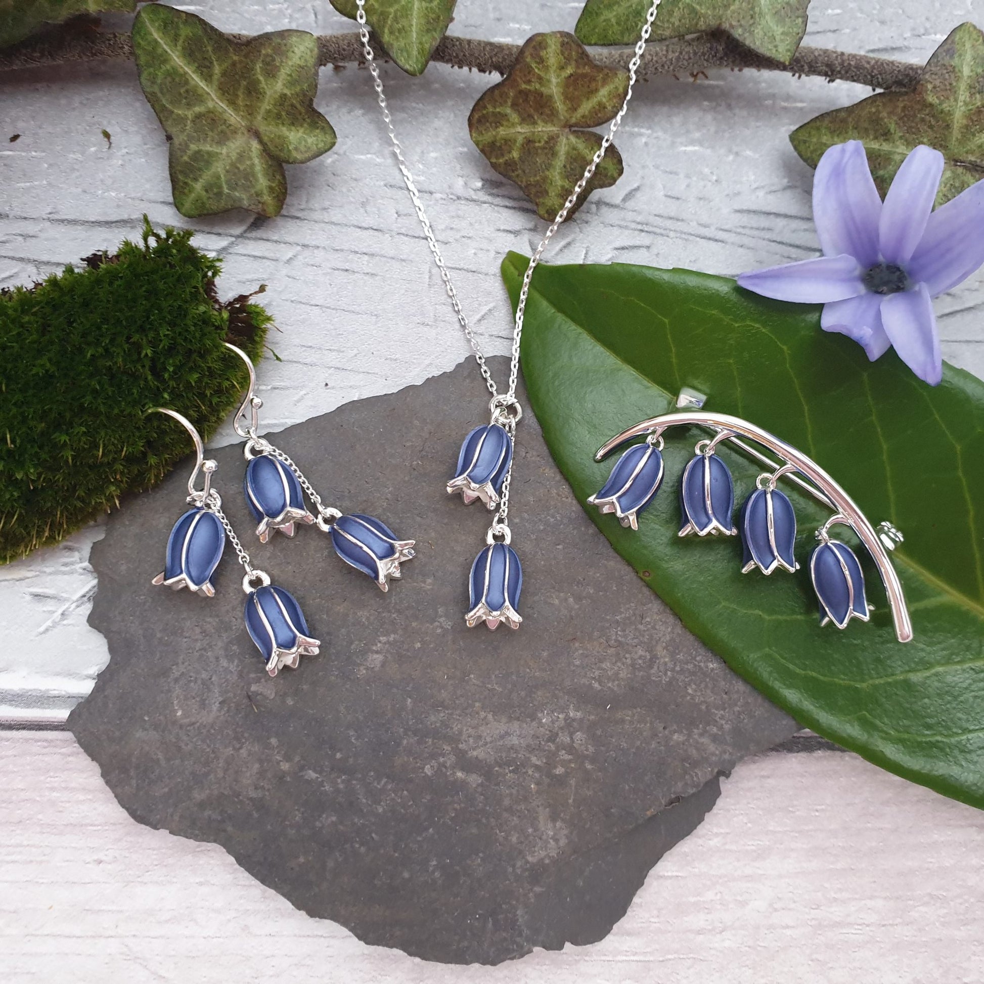 3 piece set of Bluebell jewellery, necklace, earrings and brooch