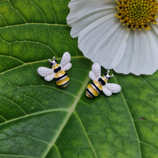 Bumble Bee Stud earrings hand painted and finished in silver.