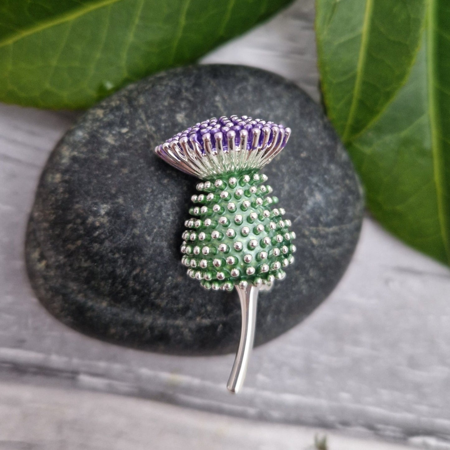 Scottish Thistle in purple and green as a brooch finished with silver detailing.