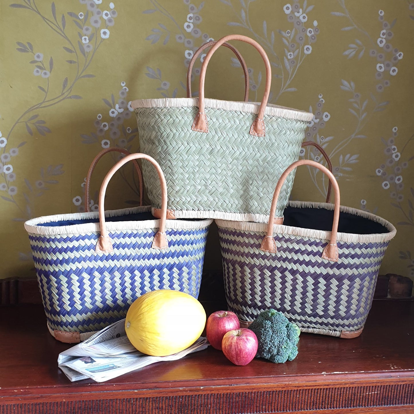 Set of 3 hand woven shopping baskets in green , blue and black