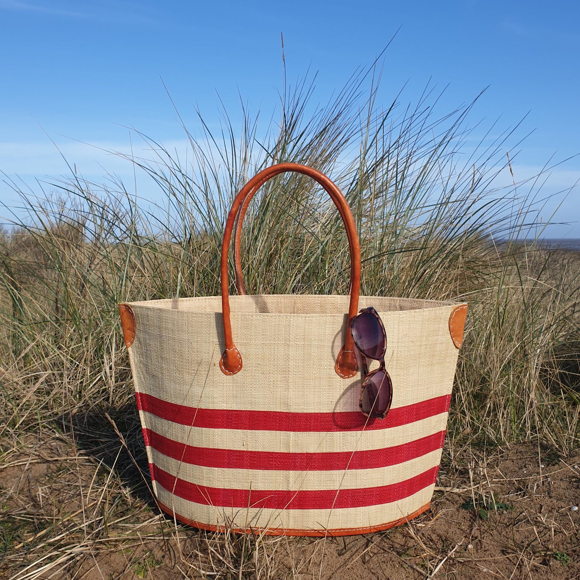 Red striped Raffia Basket with leather handles