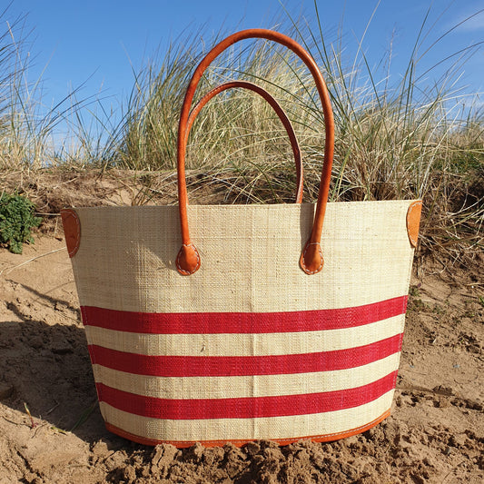 Red striped Raffia Basket with leather handles