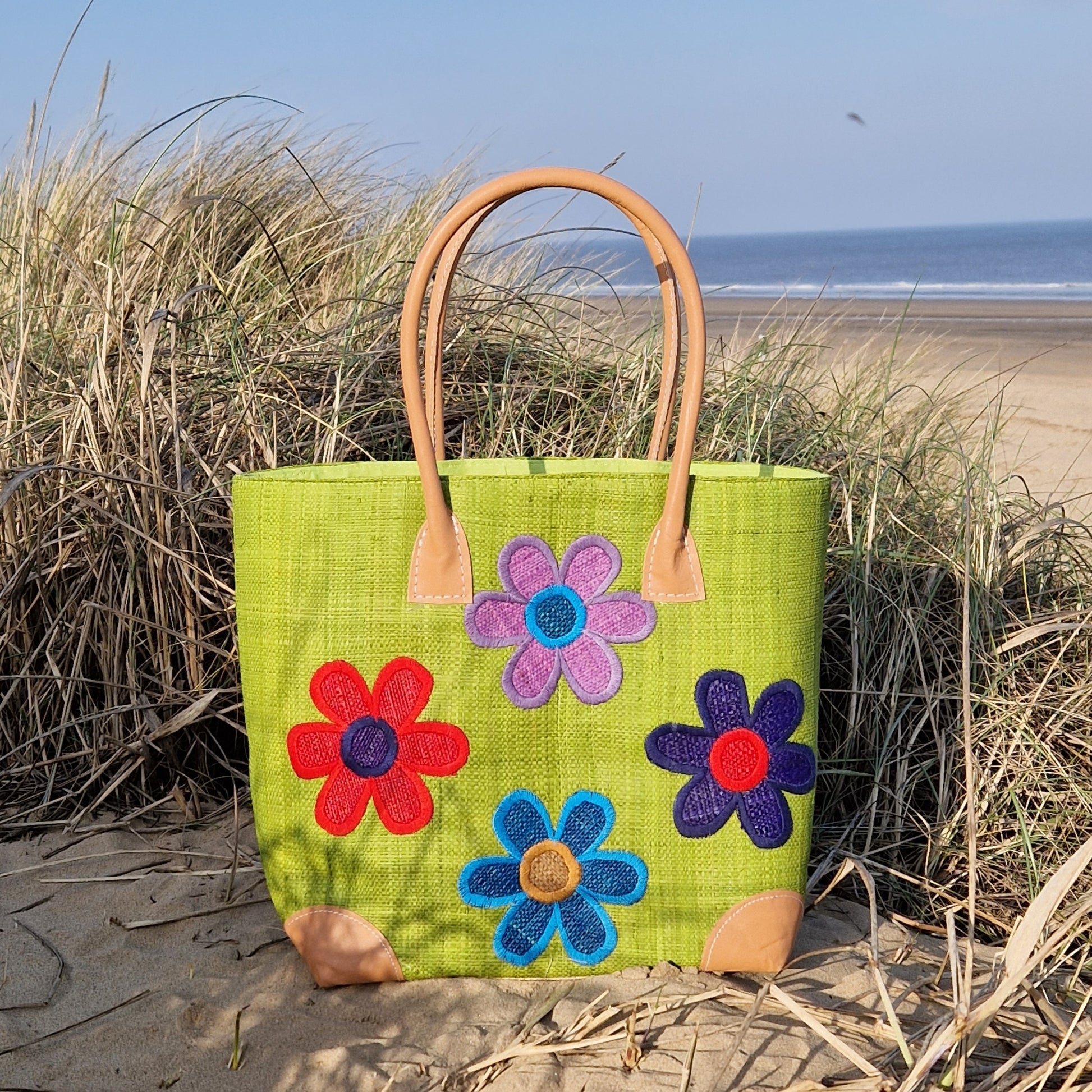 Lime Green Raffia basket decorated with coloured flowers