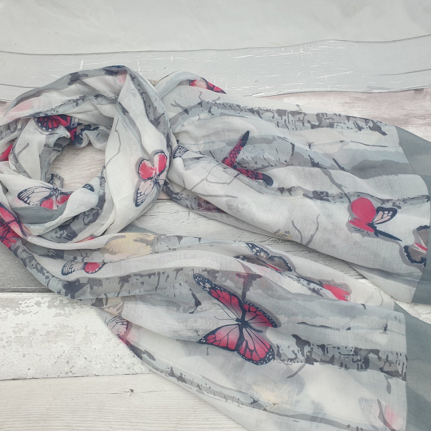 Grey and White Butterfly Print Scarf - End of Line