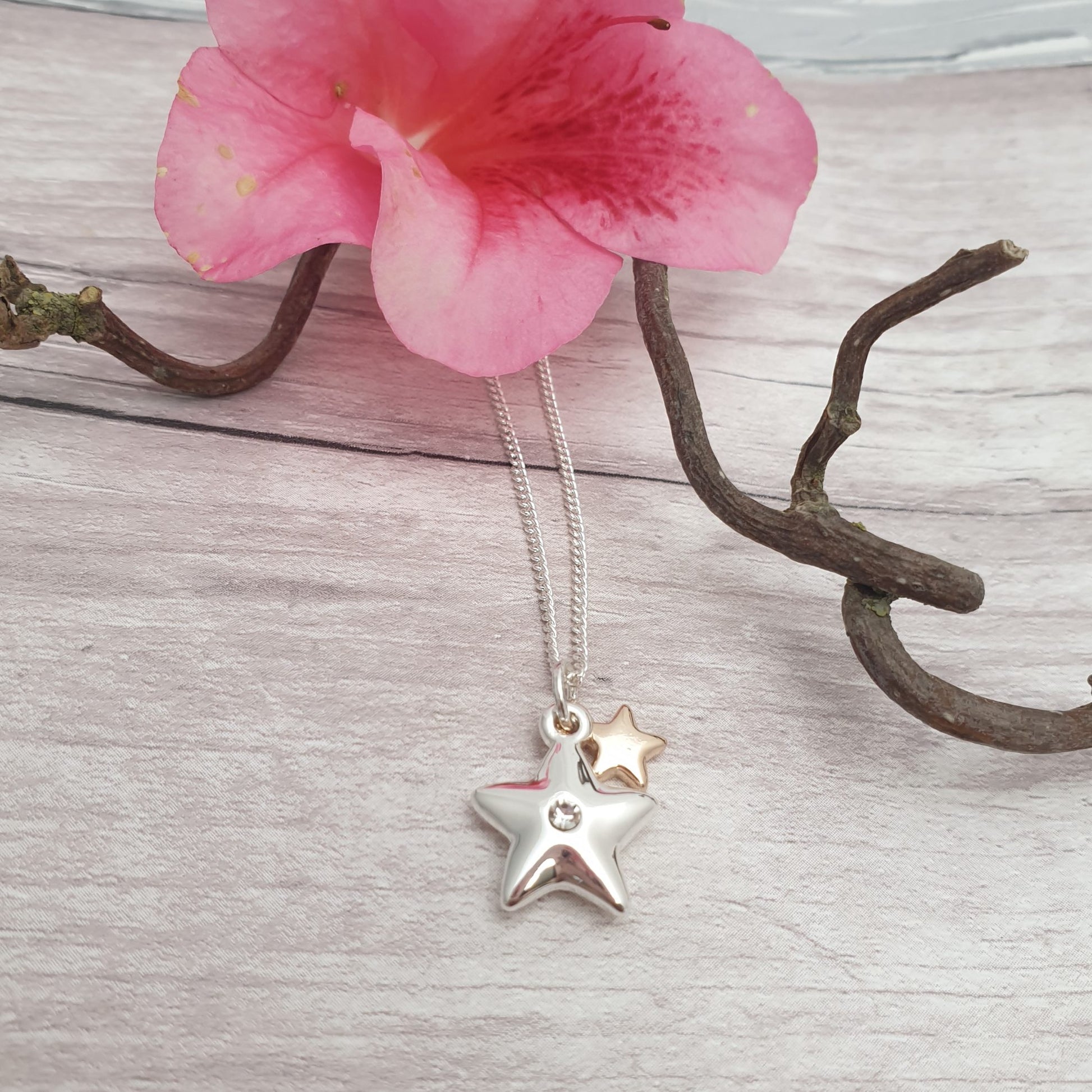 Double star pendant, large silver star and smaller rose star.