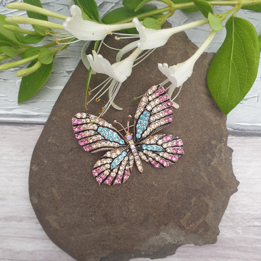 Pink and Rose Diamante Butterfly Brooch