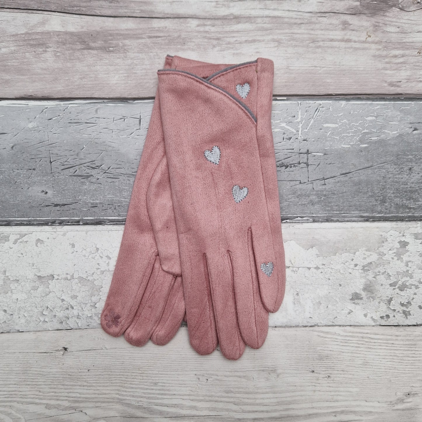 Pretty Pink gloves with grey love hearts