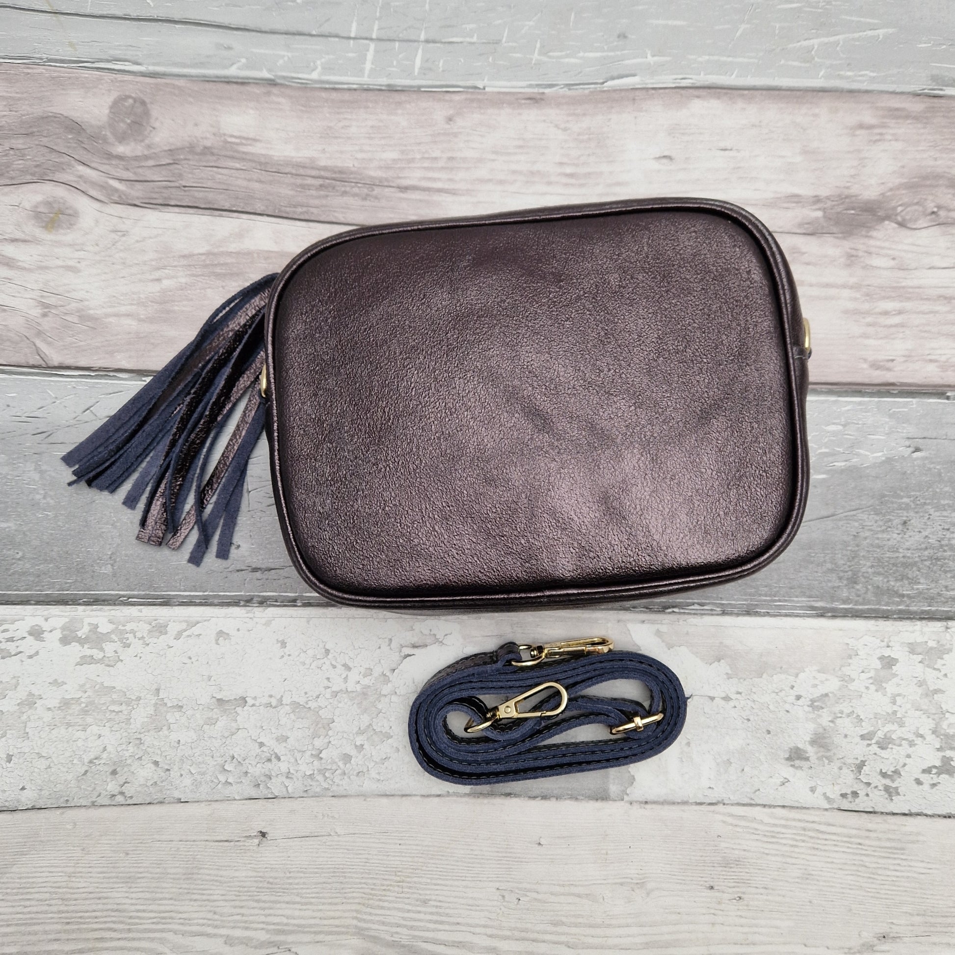 Dark Pewter coloured Leather Cross Body Bag with tassel