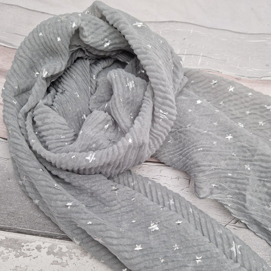 Dove grey crinkle scarf with metallic silver stars.
