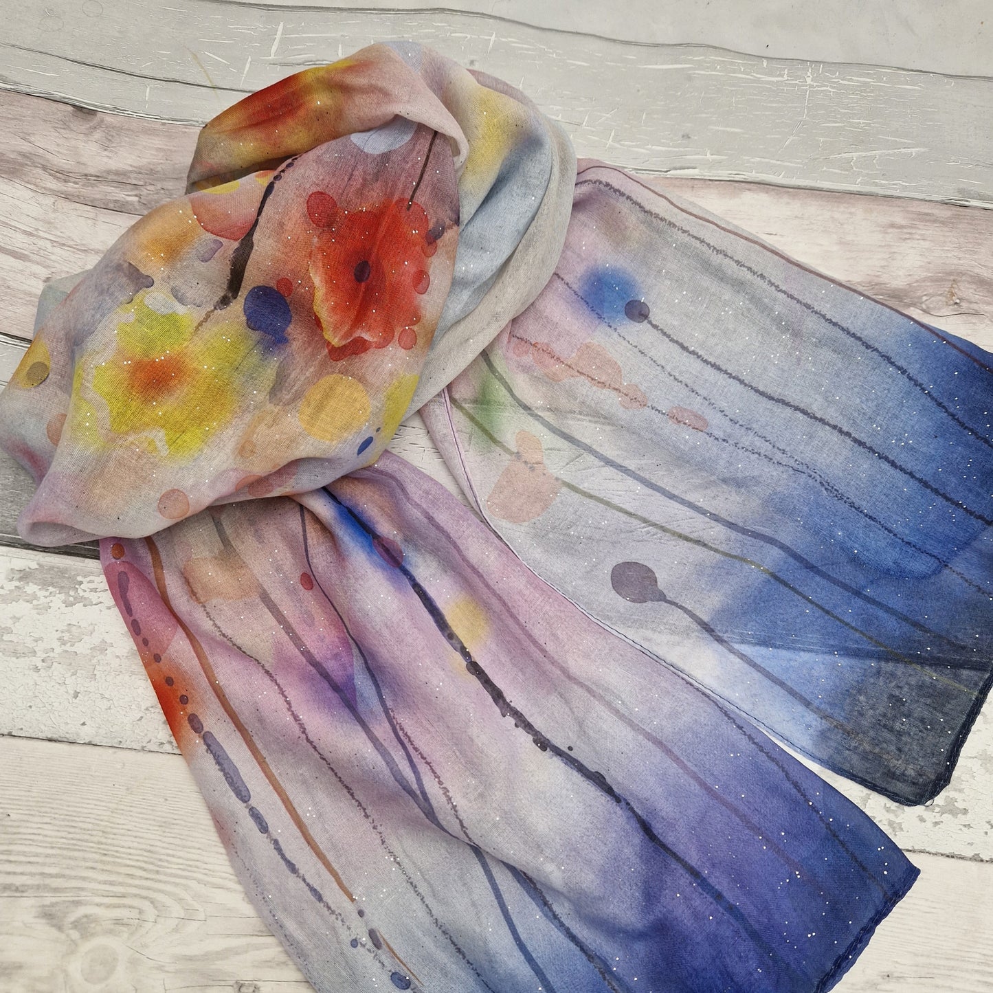 Watercolour poppy print scarf in red, yellow and blue colours
